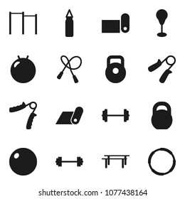 Flat vector icon set - barbell vector, weight, jump rope, hand trainer, horizontal bar, punching bag, fitball, fitness mat, hoop