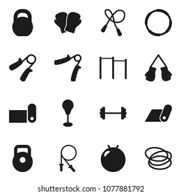 Flat vector icon set - barbell vector, weight, jump rope, hand trainer, horizontal bar, punching bag, fitball, boxing glove, fitness mat, hoop