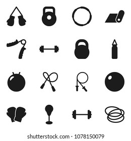 Flat vector icon set - barbell vector, weight, jump rope, hand trainer, punching bag, fitball, boxing glove, fitness mat, hoop