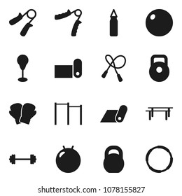 Flat vector icon set - barbell vector, weight, jump rope, hand trainer, horizontal bar, punching bag, fitball, boxing glove, fitness mat, hoop