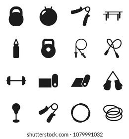 Flat vector icon set - barbell vector, weight, jump rope, hand trainer, horizontal bar, punching bag, fitball, boxing glove, fitness mat, hoop