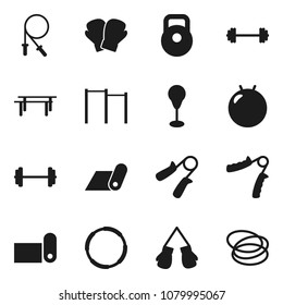 Flat vector icon set - barbell vector, weight, jump rope, hand trainer, horizontal bar, punching bag, fitball, boxing glove, fitness mat, hoop