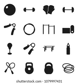 Flat vector icon set - barbell vector, weight, jump rope, hand trainer, horizontal bar, punching bag, fit ball, boxing glove, fitness mat, hoop