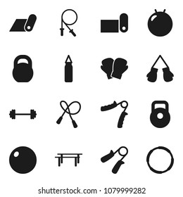 Flat vector icon set - barbell vector, weight, jump rope, hand trainer, horizontal bar, punching bag, fit ball, boxing glove, fitness mat, hoop