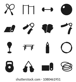 Flat vector icon set - barbell vector, weight, jump rope, hand trainer, horizontal bar, punching bag, boxing glove, fitness mat, hoop