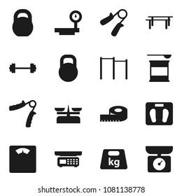 Flat vector icon set - barbell vector, measuring, scales, weight, hand trainer, horizontal bar, sports nutrition, big, store, kitchen