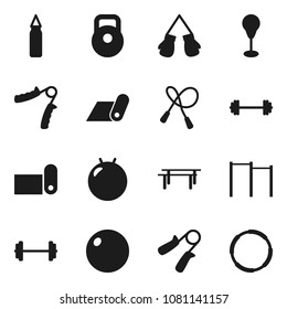 Flat vector icon set - barbell vector, weight, jump rope, hand trainer, horizontal bar, punching bag, fitball, boxing glove, fitness mat, hoop