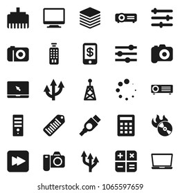 Flat vector icon set - barcode vector, music hit, camera, antenna, remote control, notebook pc, forward button, hdmi, big data, equalizer, lan connector, loading, route arrow, calculator, tap pay