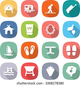 flat vector icon set - barn vector, trailer, tourist, suitcase, bungalow, uv cream, hawaiian wreath, golf, windsurfing, flip flops, table, slippers, pool, bbq, berry, garden