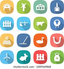 flat vector icon set - barn vector, windmill, greenhouse, scoop, fence, plow, cow, sheep, field, rake, goose, horseshoe, rabbit, grain elevator, fertilizer