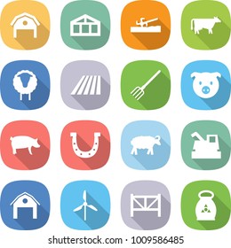 flat vector icon set - barn vector, greenhouse, soil cutter, cow, sheep, field, fork, pig, horseshoe, harvester, windmill, farm fence, fertilizer