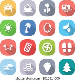 flat vector icon set - barn vector, flower bed, perishable, trailer, sun, palm, hawaiian wreath, golf, hammock, inflatable mattress, cooler fan, slippers, pool, berry, spruce