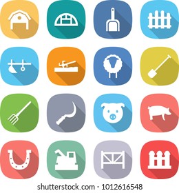 flat vector icon set - barn vector, greenhouse, scoop, fence, plow, soil cutter, sheep, shovel, fork, sickle, pig, horseshoe, harvester, farm, grain elevator