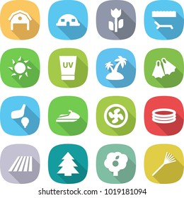 flat vector icon set - barn vector, dome house, perishable, lounger, sun, uv cream, island, flippers, golf, jet ski, cooler fan, inflatable pool, field, spruce, garden, rake