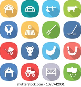 flat vector icon set - barn vector, greenhouse, plow, cow, sheep, field, fork, rake, wheelbarrow, chicken, horseshoe, tractor, farm fence, sow