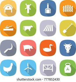 flat vector icon set - barn vector, windmill, scoop, fence, soil cutter, cow, field, shovel, sickle, pig, goose, chicken, farm, fertilizer