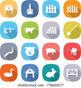 flat vector icon set - barn vector, scoop, fence, plow, cow, field, shovel, sickle, pig, wheelbarrow, goose, rabbit, farm