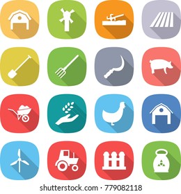 flat vector icon set - barn vector, windmill, soil cutter, field, shovel, fork, sickle, pig, wheelbarrow, harvest, chicken, tractor, grain elevator, fertilizer