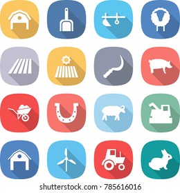 flat vector icon set - barn vector, scoop, plow, sheep, field, sickle, pig, wheelbarrow, horseshoe, harvester, windmill, tractor, rabbit