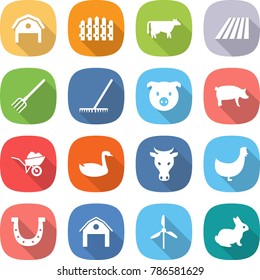 flat vector icon set - barn vector, fence, cow, field, fork, rake, pig, wheelbarrow, goose, chicken, horseshoe, windmill, rabbit