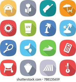 flat vector icon set - barn vector, perishable, suitcase, lounger, sun, uv cream, palm, island, tennis, golf, jet ski, inflatable mattress, bbq, berry, field, thermometer