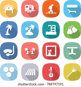 flat vector icon set - barn vector, trailer, tourist, lounger, palm, island, pool, flippers, diving mask, hammock, flower in window, table, honeycombs, field, thermometer, rake