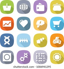 flat vector icon set - basket vector, globe, wallet, purse, statistics, heart, brain, cart, dna, bridge, houses, modern architecture, ring button, edit, circuit, induction oven