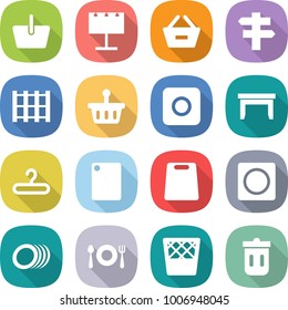 flat vector icon set - basket vector, billboard, remove from, singlepost, pallet, ring button, table, hanger, cutting board, plates, fork spoon plate, trash bin