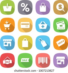 flat vector icon set - basket vector, percent, shopping bag, dollar arrow, add to cart, credit card, shop, label, sale, bar code