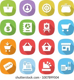 flat vector icon set - basket vector, target audience, purse, money bag, annual report, presentation, cart, add to, delete, shop, sale label, cashbox, mall