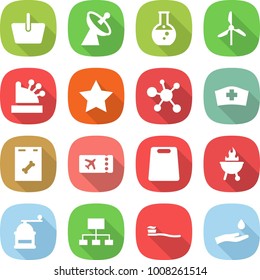flat vector icon set - basket vector, satellite antenna, round flask, windmill, cashbox, star, virus, medical hat, roentgen, ticket, cutting board, bbq, hand mill, hierarchy, tooth brush, and drop