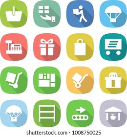 flat vector icon set - basket vector, gift, courier, parachute, cashbox, shopping bag, delivery, cargo stoller, consolidated, trolley, hi quality package, rack, conveyor, warehouse