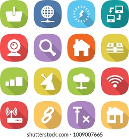 flat vector icon set - basket vector, globe connect, lightning, notebook, web cam, magnifier, home, money, sorting, satellite antenna, cloud, wireless, router, link, no signal, house