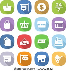 flat vector icon set - basket vector, shop signboard, dollar, 24 7, shopping bag, market, sale, cashbox, atm receipt, store, trolley