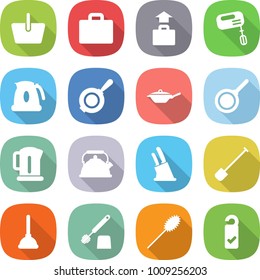 flat vector icon set - basket vector, suitcase, baggage, mixer, kettle, pan, knife holder, shovel, plunger, toilet brush, duster, please clean
