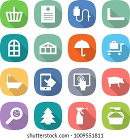 flat vector icon set - basket vector, recipe, dropper, ruler, arch window, greenhouse, dry cargo, baggage trolley, bath, touchscreen, pig, viruses, spruce, sprayer, washing powder