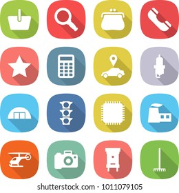 flat vector icon set - basket vector, magnifier, purse, phone, star, calculator, car pointer, spark plug, hangare, traffic light, cpu, factory, helicopter, camera, hive, rake