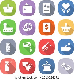 flat vector icon set - basket vector, wallet, anamnesis, health care, mansion, delivery, tax, remote control, mixer, welding, hand drop, sprayer, wiping, hanger
