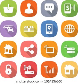 flat vector icon set - basket vector, man, message, mobile pay, ambulance helicopter, money, location, globe, home, share, laptop wifi, server, unlock, router, antenna signal, house