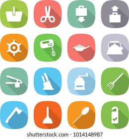 flat vector icon set - basket vector, scissors, baggage get, handwheel, mixer, pan, kettle, garlic clasp, knife holder, hand mill, fork, axe, plunger, duster, please clean
