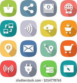 flat vector icon set - basket vector, share, money, notebook globe, connect, wireless, cloud service, add to cart, dollar pin, mail, route, plug, server, browser window