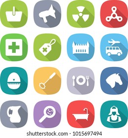 flat vector icon set - basket vector, loudspeaker, nuclear, spinner, medical cross, label, gothic architecture, transfer, egg timer, whisk, fork spoon plate, horse, jug, viruses, bath, cleaner