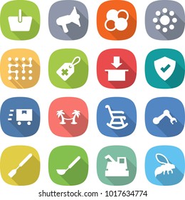 flat vector icon set - basket vector, loudspeaker, atom core, round around, chip, medical label, package, protected, fast deliver, palm hammock, rocking chair, robot hand, spatula, ladle, harvester