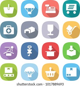 flat vector icon set - basket vector, parachute, cashbox, delivery, doctor case, warehouse, fragile, trolley, sun potection, do not hook sign, package, transporter tape
