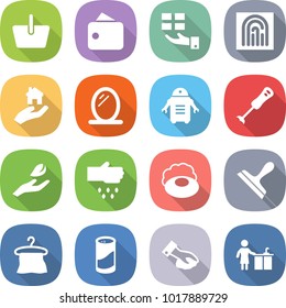 flat vector icon set - basket vector, wallet, gift, fingerprint, real estate, mirror, robot, blender, hand leaf, sow, soap, scraper, hanger, cleanser powder, wiping, kitchen cleaning