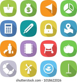 flat vector icon set - basket vector, money bag, flag, diagram, calculator, medical thermometer, lock, map, passenger, chip, bbq, tomato, croissant, windmill, ecology, rake