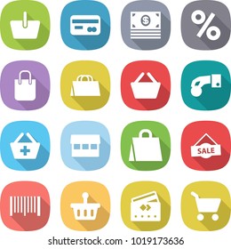 flat vector icon set - basket vector, card, money, percent, shopping bag, hand coin, add to, market, sale, bar code, credit, cart