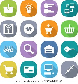 flat vector icon set - basket vector, bulb, diagram, notebook connect, fingerprint, crypto currency, add to cart, sale, magnifier, garage, key, envelope, computer, syringe