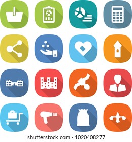 flat vector icon set - basket vector, report, diagram, calculator, molecule, chemical industry, pacemaker, tower, school, palace, satellite, client, baggage trolley, hair dryer, flour