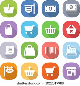 flat vector icon set - basket vector, shop signboard, money, shopping bag, cart, delete, list, bar code, cashbox, store